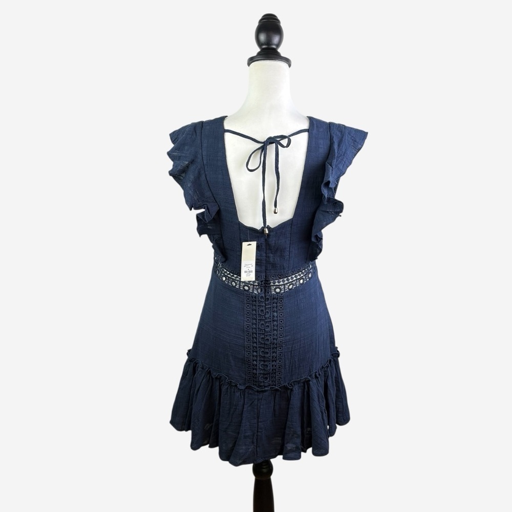 NWT Francesca's Navy Blue Ritah Crochet Lace Flutter Mini Dress Blue Rain • M - Picture 5 of 15